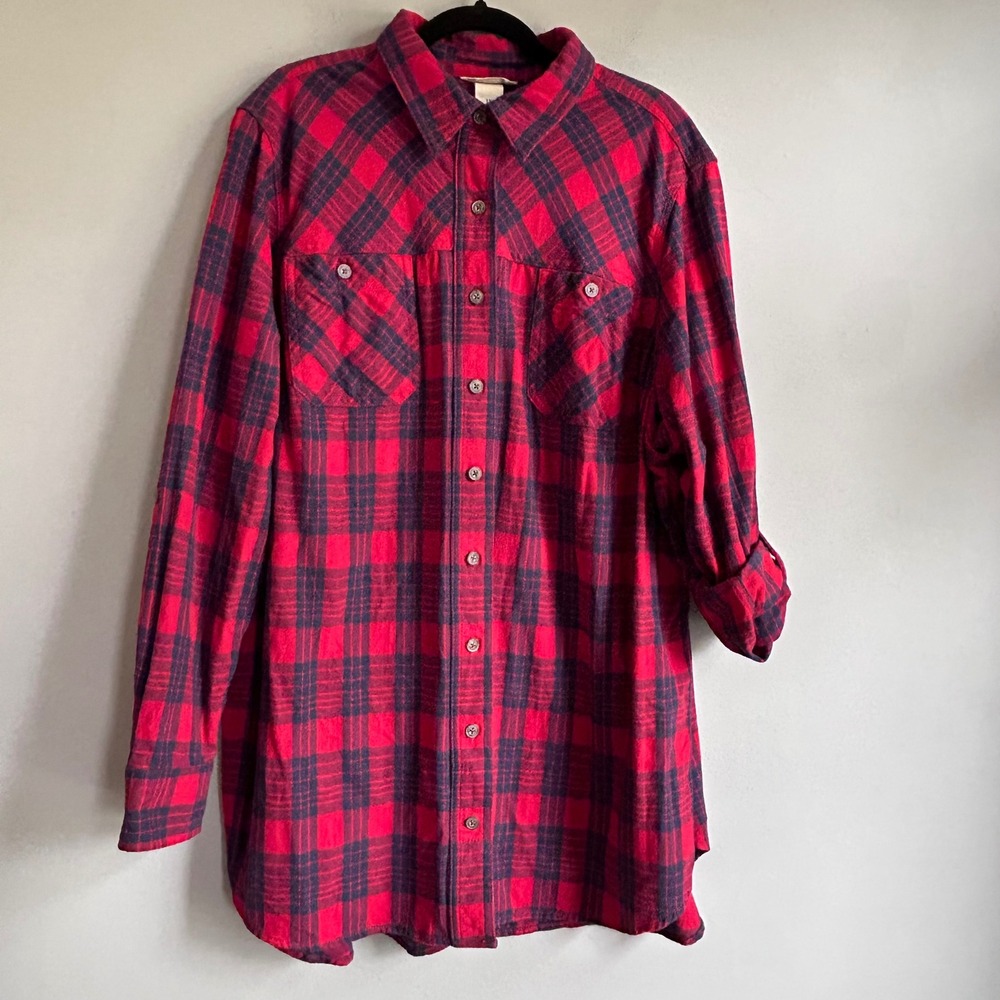Duluth Trading Co Womens Red Plaid Flannel Shirt 1X Cotton Button Down Tunic